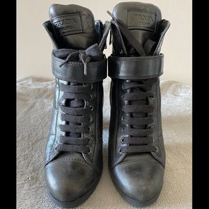 Prada lace up boots with inside and outside zippers